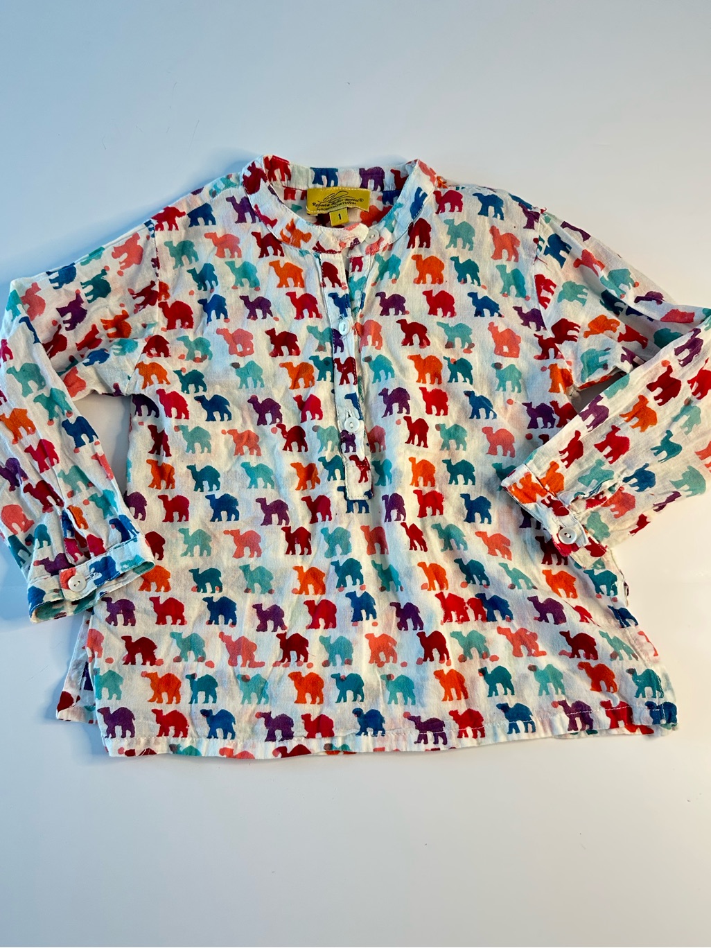 Roller Rabbit Kids Colorful Camel Print Long Sleeve Shirt Size 12m 100% Cotton